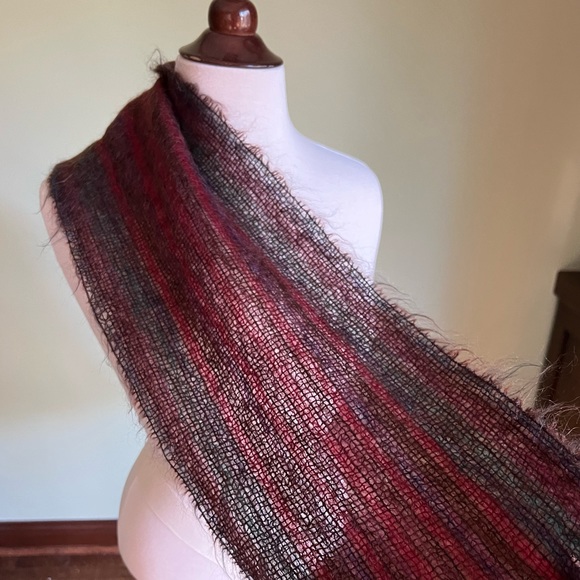 Mohair Knit Scarf, Vintage Striped Winter Shawl Scarf, Soft Wool, Plum Burgundy - Picture 5 of 8
